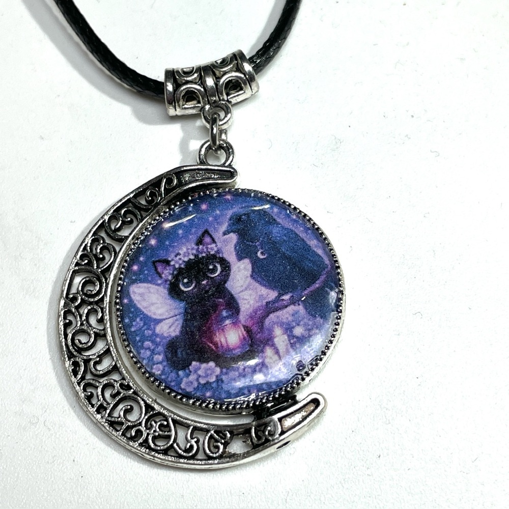 Double Black Cat Double Sided Moon Pendant - Gothic Witchy Jewelry -Artisan